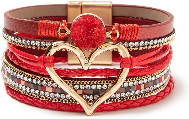 Rantanto Braid Leather Wrap Bracelet Trendy Stackable Crystal Cuff Boho Gold Heart Bracelet Jewelry Gift For Women - Image 1